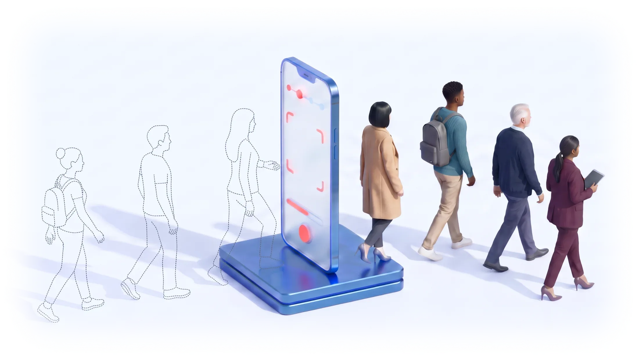 Dotted outlines of digital personas walk towards a large smartphone on a pedestal; behind it, real people walk on and away from the phone