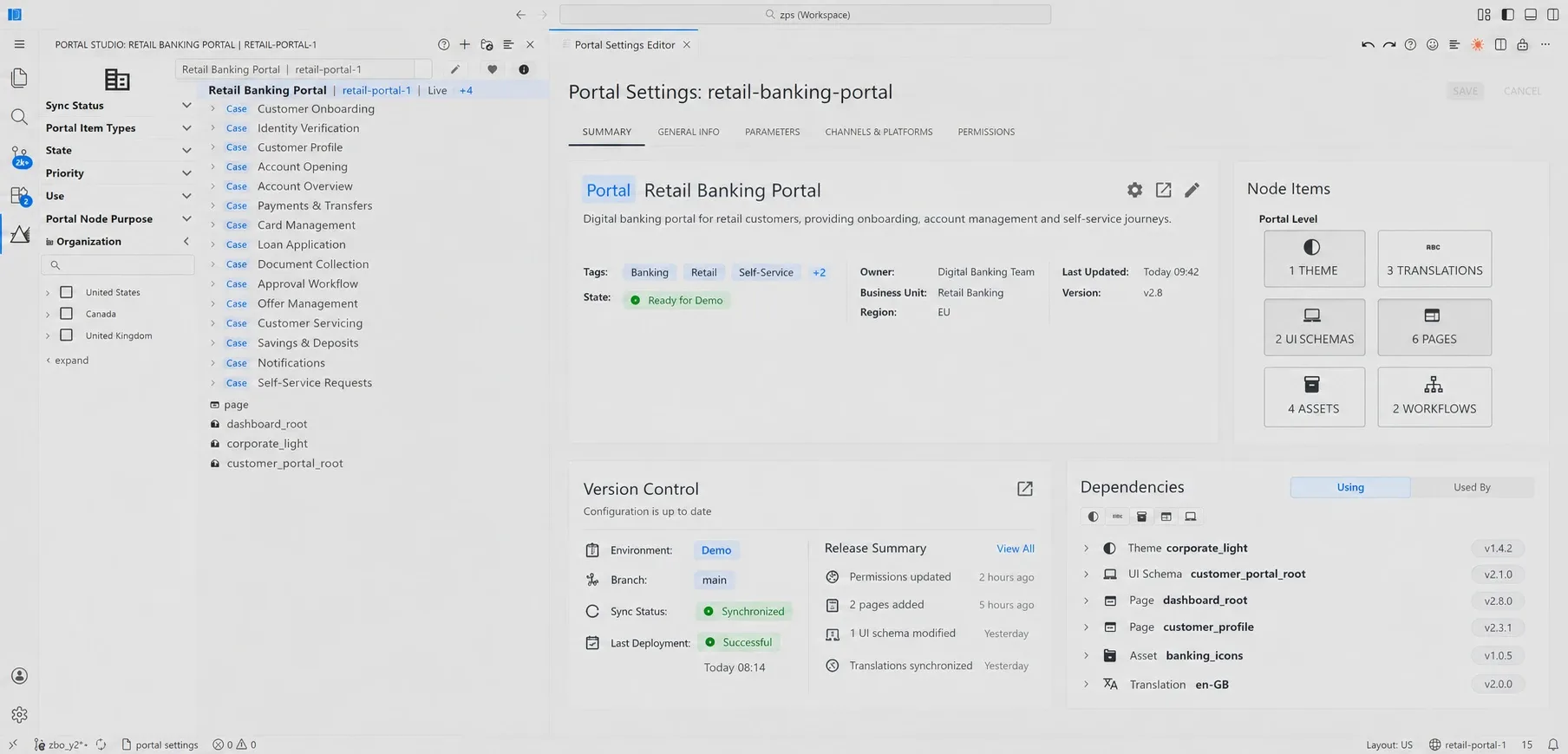 Zoral Portal Studio — Portal Settings Editor for the Retail Banking Portal with its case tree, node items, version control and dependencies