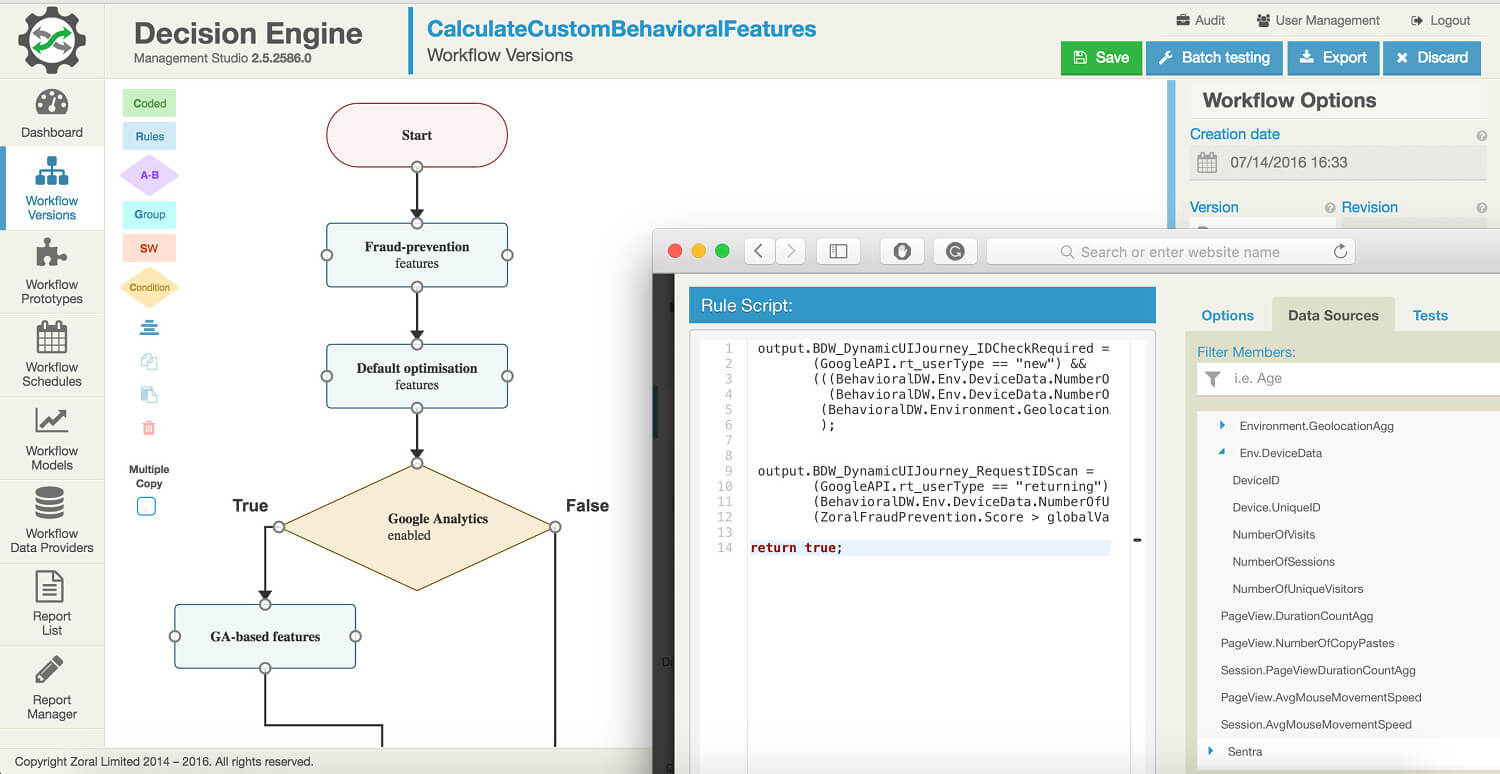 Zoral decision engine, custom behavioral features