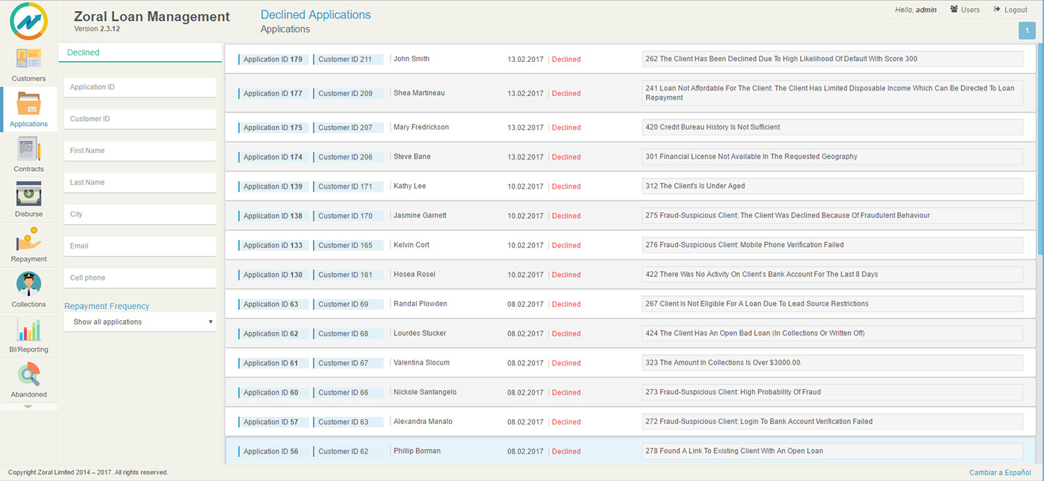 Zoral Loan Management, declined applications